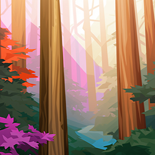 Stylized illustration of a sunlit forest with tall trees and colorful foliage in shades of green, orange, and purple Stylized illustration of a sunlit forest with tall trees and colorful foliage in shades of green, orange, and purple