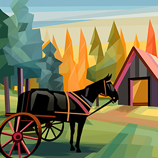 Graphic illustration of a horse-drawn carriage near a barn with a backdrop of autumn-colored trees in a stylized rural landscape Graphic illustration of a horse-drawn carriage near a barn with a backdrop of autumn-colored trees in a stylized rural landscape
