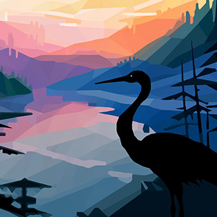 Graphic illustration of a heron in silhouette against a layered backdrop of mountains, trees, and a lake at dusk with a gradient sky Graphic illustration of a heron in silhouette against a layered backdrop of mountains, trees, and a lake at dusk with a gradient sky