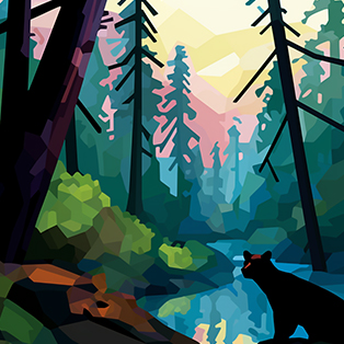 Vibrant geometric illustration of a bear in a forest with a river, with the sun setting in the background amidst tall trees Vibrant geometric illustration of a bear in a forest with a river, with the sun setting in the background amidst tall trees