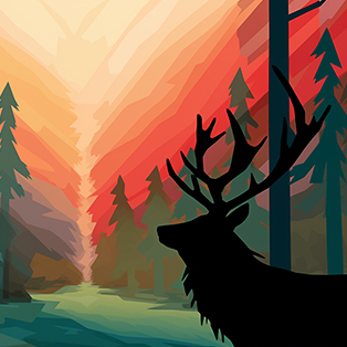 Stylized illustration of an elk silhouette with a radiant sunset in the background, amidst a forest of tall pine trees Stylized illustration of an elk silhouette with a radiant sunset in the background, amidst a forest of tall pine trees