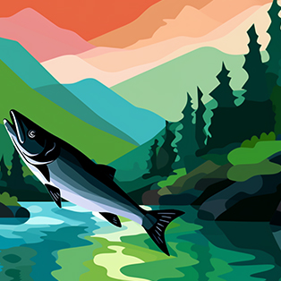Stylized illustration of a leaping salmon with a backdrop of a colorful sunset and pine forest along a river Stylized illustration of a leaping salmon with a backdrop of a colorful sunset and pine forest along a river