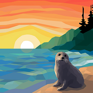 Geometric illustration of a seal on a beach with a vivid sunset over the ocean and silhouetted pine trees in the background Geometric illustration of a seal on a beach with a vivid sunset over the ocean and silhouetted pine trees in the background