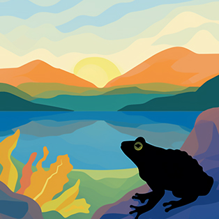 Graphic illustration of a frog silhouette in the foreground with a layered landscape of hills, a calm lake, and a pastel sunset sky in the background Graphic illustration of a frog silhouette in the foreground with a layered landscape of hills, a calm lake, and a pastel sunset sky in the background