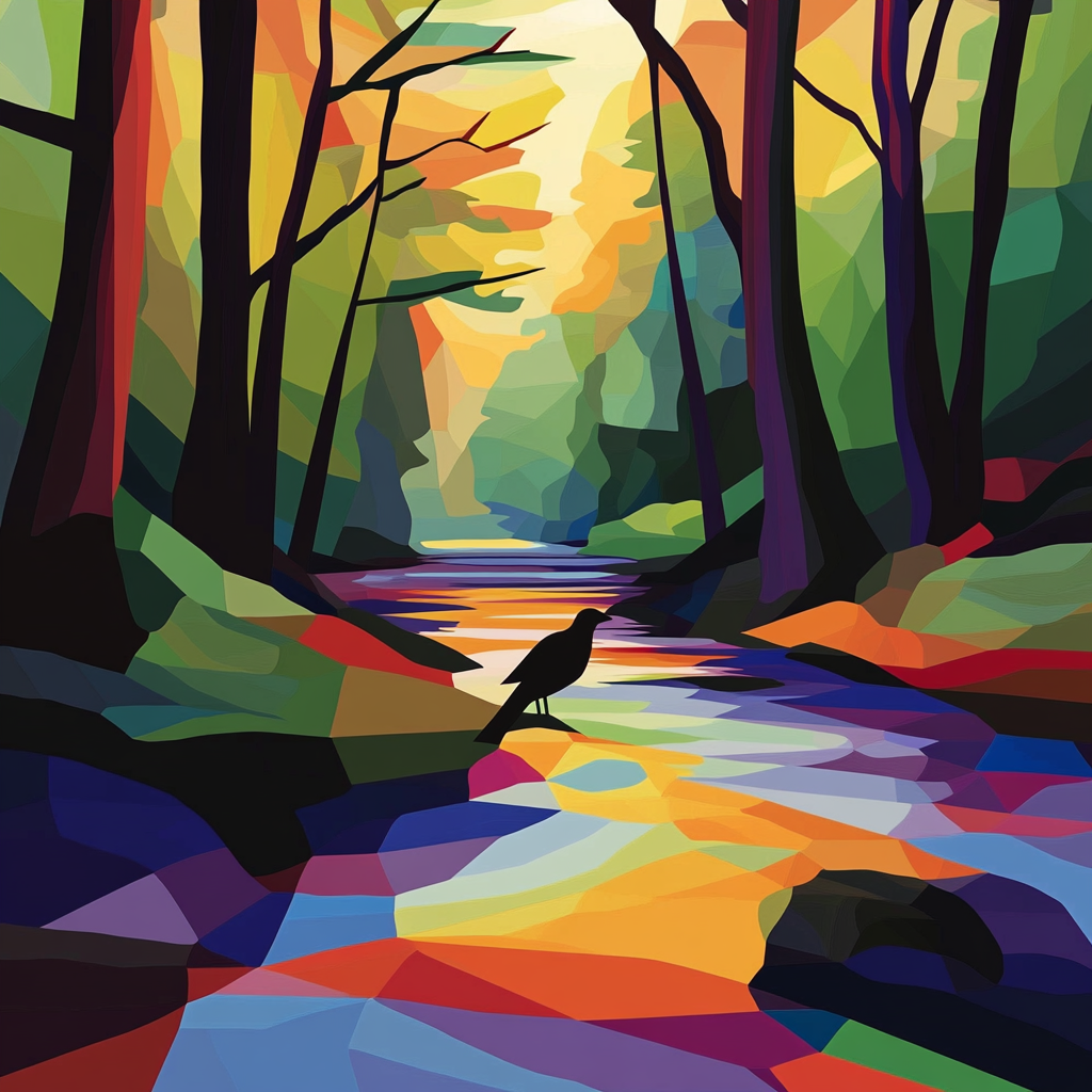 Graphic illustration of a bird silhouette by a flowing river, surrounded by colorful abstract trees in a vibrant forest scene.